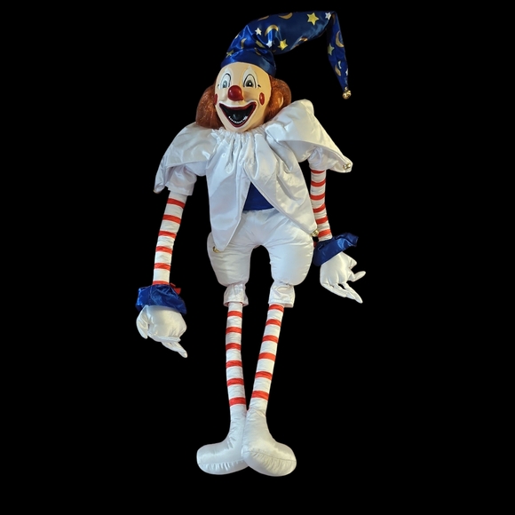 Poltergeist Creepy Clown Doll with Blue Hat and Striped Sleeves - Picture 1 of 2